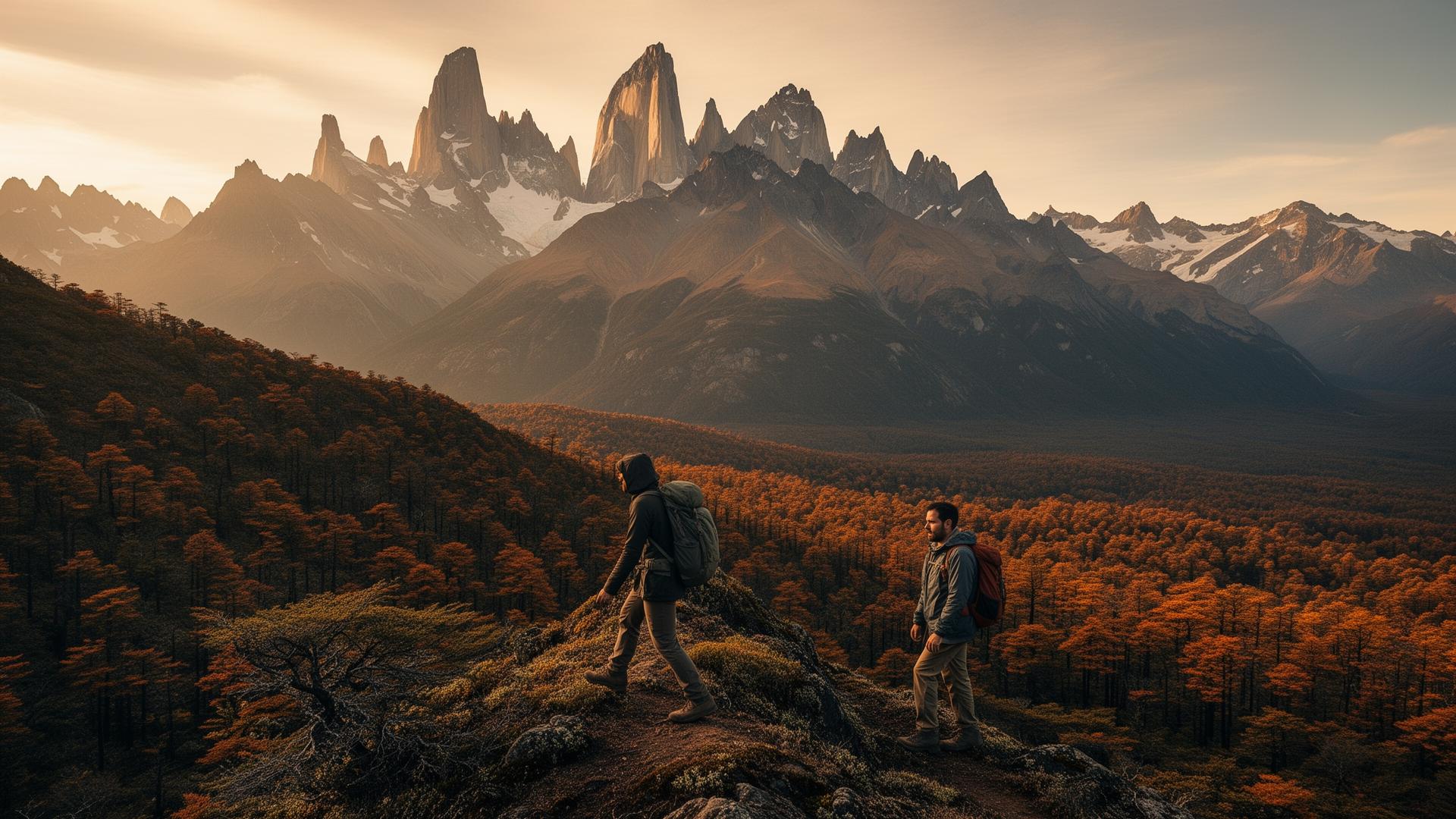 Trekking en Patagonia, montañas al atardecer